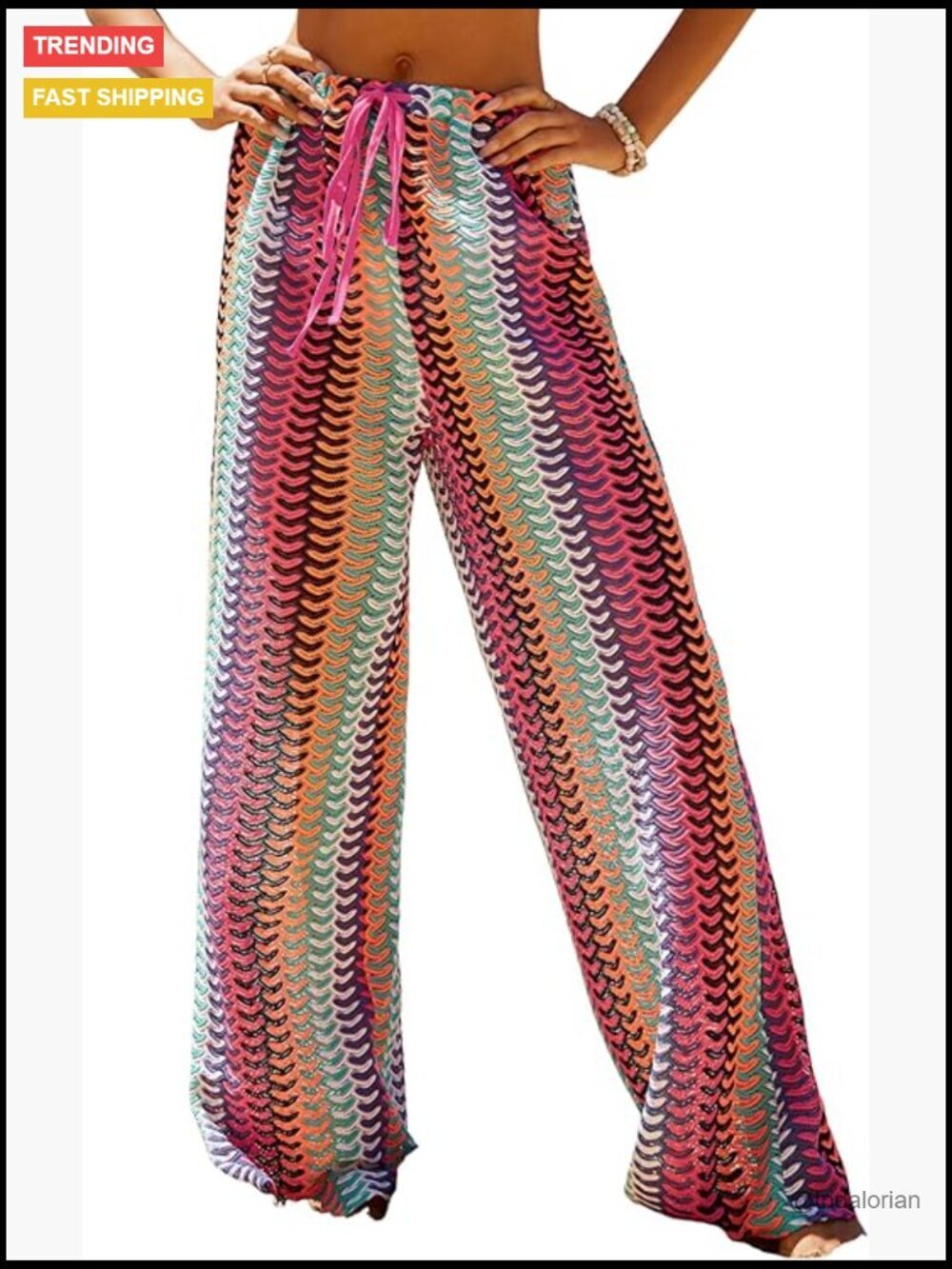 Sexy Crochet Drawstring Elastic Boho Swimsuit Cover Up Long Pants